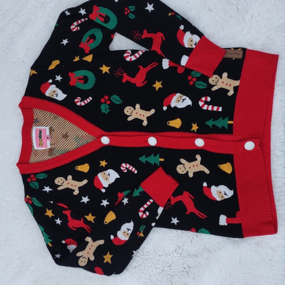 Tipsy Elves Black Cardigan with Red Trim and Festive Motifs - Picture 17 of 17